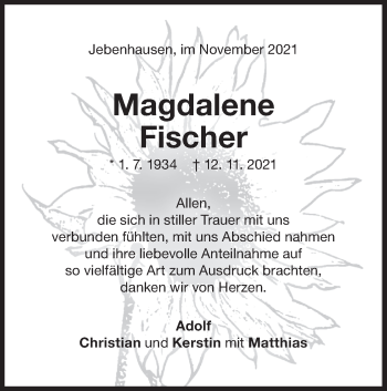 Traueranzeige von Magdalene Fischer von NWZ Neue Württembergische Zeitung