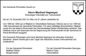 Traueranzeige von Manfred Hagmeyer von Metzinger-Uracher Volksblatt