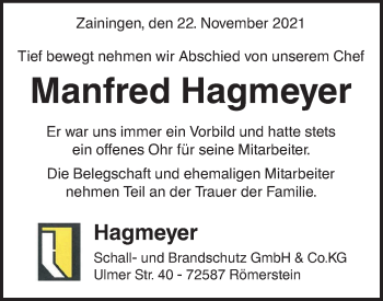 Traueranzeige von Manfred Hagmeyer von Alb-Bote/Metzinger-Uracher Volksblatt