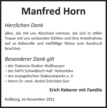 Traueranzeige von Manfred Horn von Hohenloher Tagblatt