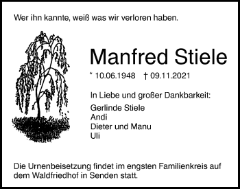 Traueranzeige von Manfred Stiele von SÜDWEST PRESSE Ausgabe Ulm/Neu-Ulm