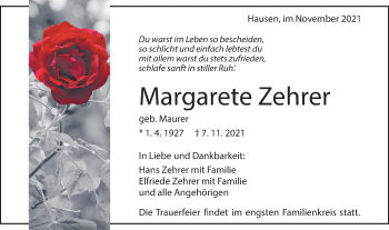 Traueranzeige von Margarete Zehrer von Geislinger Zeitung