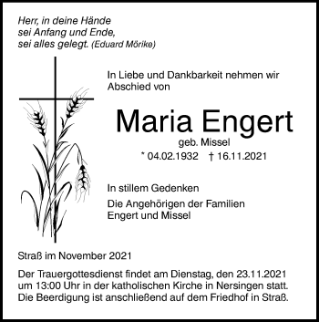 Traueranzeige von Maria Engert von SÜDWEST PRESSE Ausgabe Ulm/Neu-Ulm