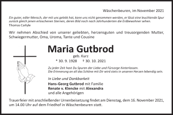 Traueranzeige von Maria Gutbrod von NWZ Neue Württembergische Zeitung