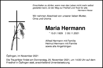 Traueranzeige von Maria Hermann von SÜDWEST PRESSE Ausgabe Ulm/Neu-Ulm