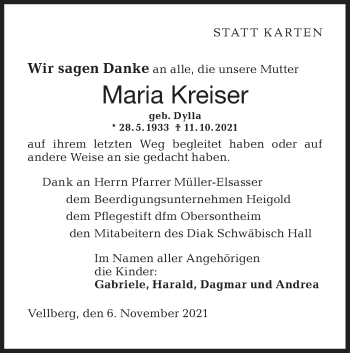 Traueranzeige von Maria Kreiser von Haller Tagblatt/Rundschau Gaildorf/Hohenloher Tagblatt