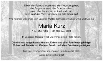 Traueranzeige von Maria Kurz von Haller Tagblatt