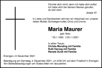 Traueranzeige von Maria Maurer von SÜDWEST PRESSE Ausgabe Ulm/Neu-Ulm