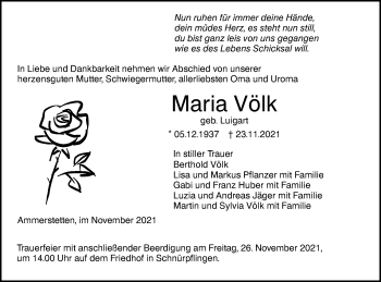 Traueranzeige von Maria Völk von SÜDWEST PRESSE Ausgabe Ulm/Neu-Ulm