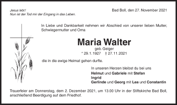 Traueranzeige von Maria Walter von NWZ Neue Württembergische Zeitung