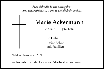 Traueranzeige von Marie Ackermann von SÜDWEST PRESSE Ausgabe Ulm/Neu-Ulm