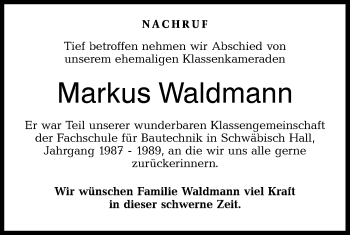 Traueranzeige von Markus Waldmann von Hohenloher Tagblatt