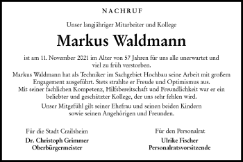 Traueranzeige von Markus Waldmann von Hohenloher Tagblatt