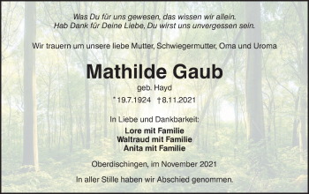 Traueranzeige von Mathilde Gaub von Ehinger Tagblatt