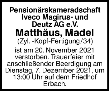 Traueranzeige von Matthäus Madel von SÜDWEST PRESSE Ausgabe Ulm/Neu-Ulm