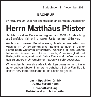 Traueranzeige von Matthäus Pfister von Metzinger-Uracher Volksblatt