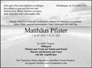 Traueranzeige von Matthäus Pfister von Metzinger-Uracher Volksblatt