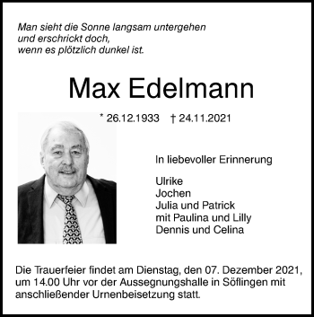 Traueranzeige von Max Edelmann von SÜDWEST PRESSE Ausgabe Ulm/Neu-Ulm