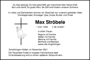 Traueranzeige von Max Ströbele von Ehinger Tagblatt