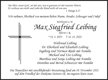 Traueranzeige von Max Siegfried Leibing von SÜDWEST PRESSE Ausgabe Ulm/Neu-Ulm