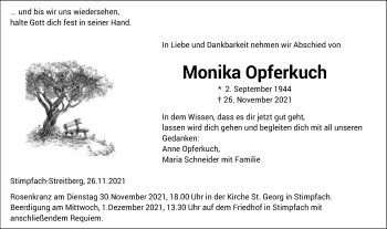 Traueranzeige von Monika Opferkuch von Hohenloher Tagblatt