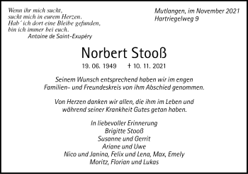 Traueranzeige von Norbert Stooß von Rundschau Gaildorf