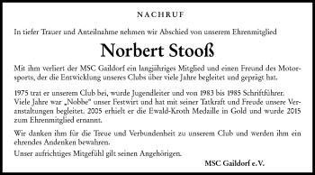 Traueranzeige von Norbert Stooß von Rundschau Gaildorf