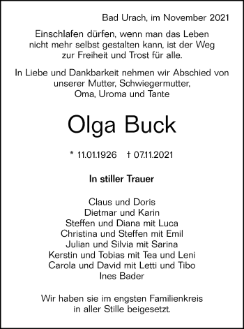 Traueranzeige von Olga Buck von Metzinger-Uracher Volksblatt