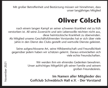 Traueranzeige von Oliver Cölsch von Haller Tagblatt