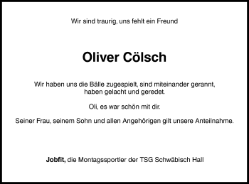 Traueranzeige von Oliver Cölsch von Haller Tagblatt