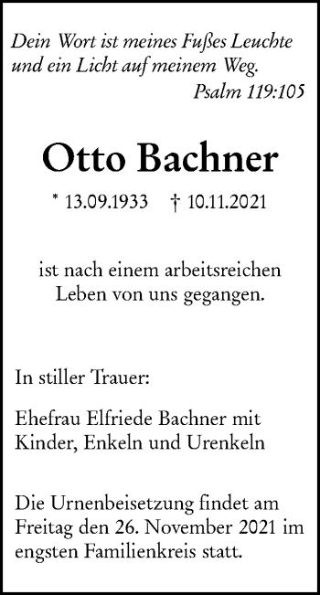 Traueranzeige von Otto Bachner von SÜDWEST PRESSE Ausgabe Ulm/Neu-Ulm