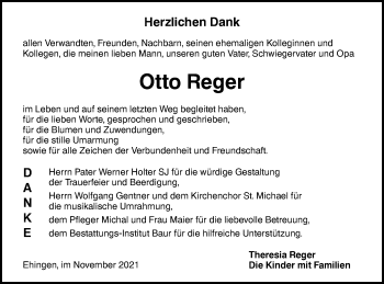 Traueranzeige von Otto Reger von Ehinger Tagblatt