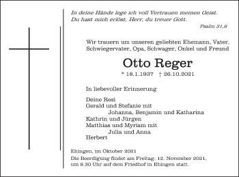 Traueranzeige von Otto Reger von SÜDWEST PRESSE Ausgabe Ulm/Neu-Ulm