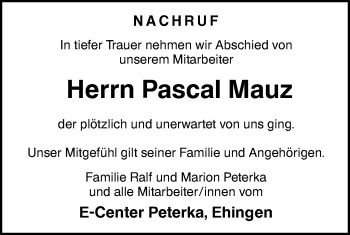 Traueranzeige von Pascal Mauz von Ehinger Tagblatt