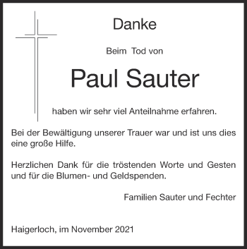 Traueranzeige von Paul Sauter von Metzinger-Uracher Volksblatt