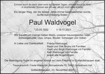 Traueranzeige von Paul Waldvoge von Haller Tagblatt