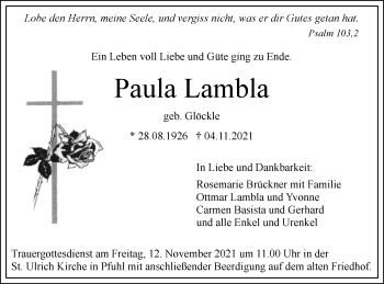 Traueranzeige von Paula Lambla von SÜDWEST PRESSE Ausgabe Ulm/Neu-Ulm