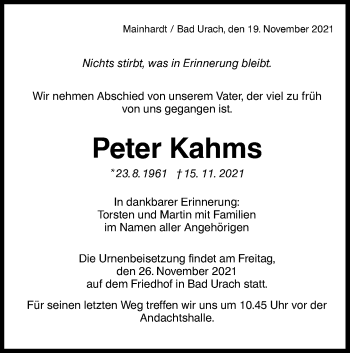 Traueranzeige von Peter Kahms von Metzinger-Uracher Volksblatt