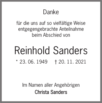 Traueranzeige von Reinhold Sanders von Geislinger Zeitung