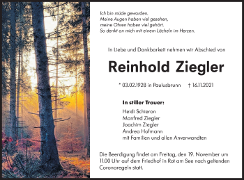 Traueranzeige von Reinhold Ziegler von Hohenloher Tagblatt