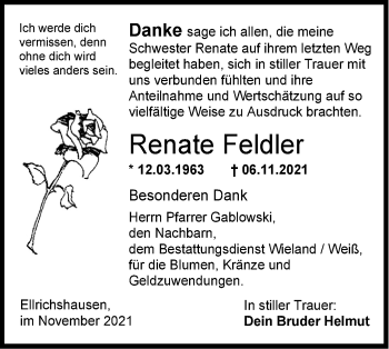 Traueranzeige von Renate Feldler von Hohenloher Tagblatt