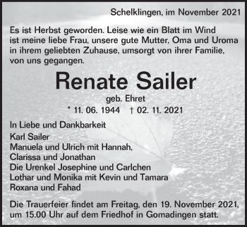 Traueranzeige von Renate Sailer von Ehinger Tagblatt