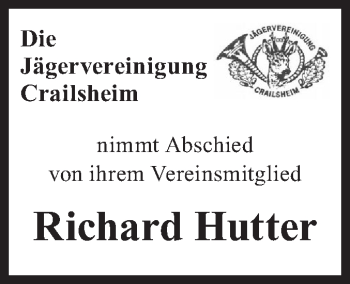 Traueranzeige von Richard Hutter von Hohenloher Tagblatt