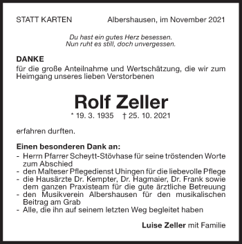 Traueranzeige von Rolf Zeller von NWZ Neue Württembergische Zeitung