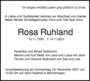 Traueranzeige von Rosa Ruhland von SÜDWEST PRESSE Ausgabe Ulm/Neu-Ulm