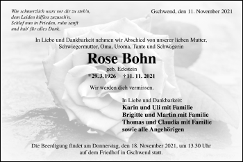 Traueranzeige von Rose Bohn von Rundschau Gaildorf