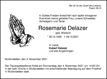 Traueranzeige von Rosemarie Delazer von SÜDWEST PRESSE Ausgabe Ulm/Neu-Ulm