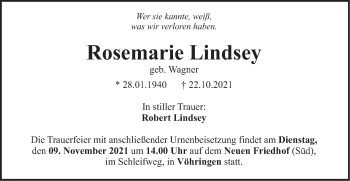 Traueranzeige von Rosemarie Lindsey von SÜDWEST PRESSE Ausgabe Ulm/Neu-Ulm