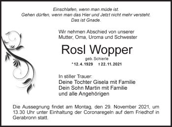 Traueranzeige von Rosl Wopper von Haller Tagblatt