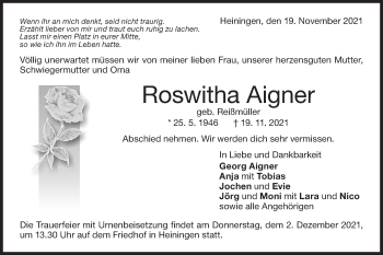 Traueranzeige von Roswitha Aigner von NWZ Neue Württembergische Zeitung